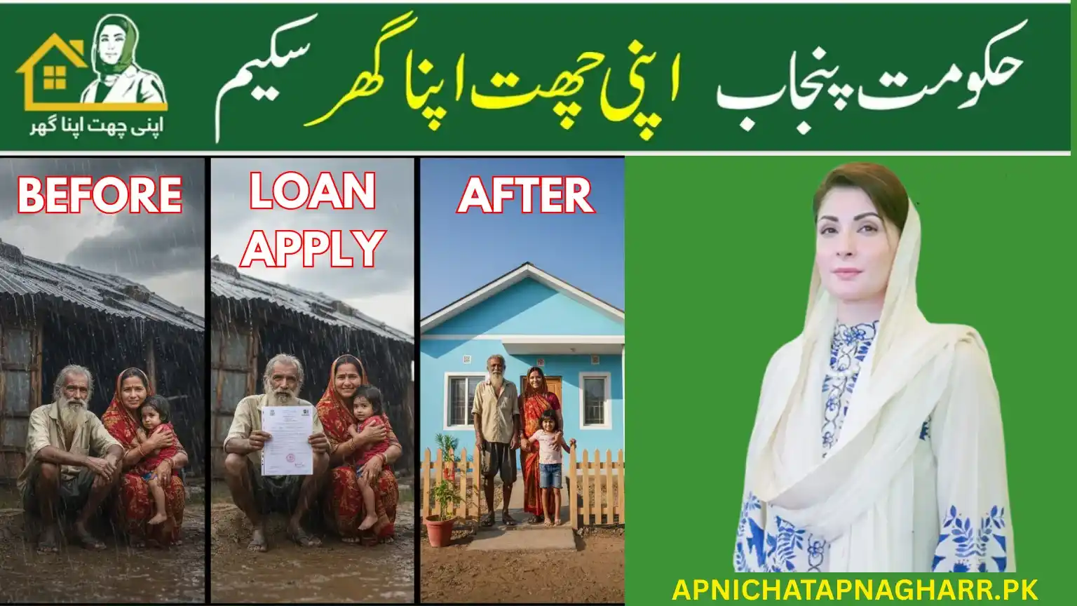 Poor family sitting in a broken hut during rain and later standing happily in front of their new house after Apni Chat Apna Ghar scheme loan approval