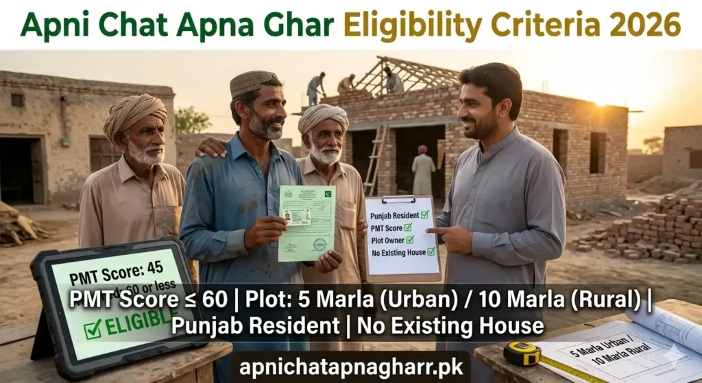 Apni Chat Apna Ghar eligibility criteria 2026 showing PMT score 45, plot size 5 marla urban 10 marla rural, land documents, and Punjab family with eligibility checklist