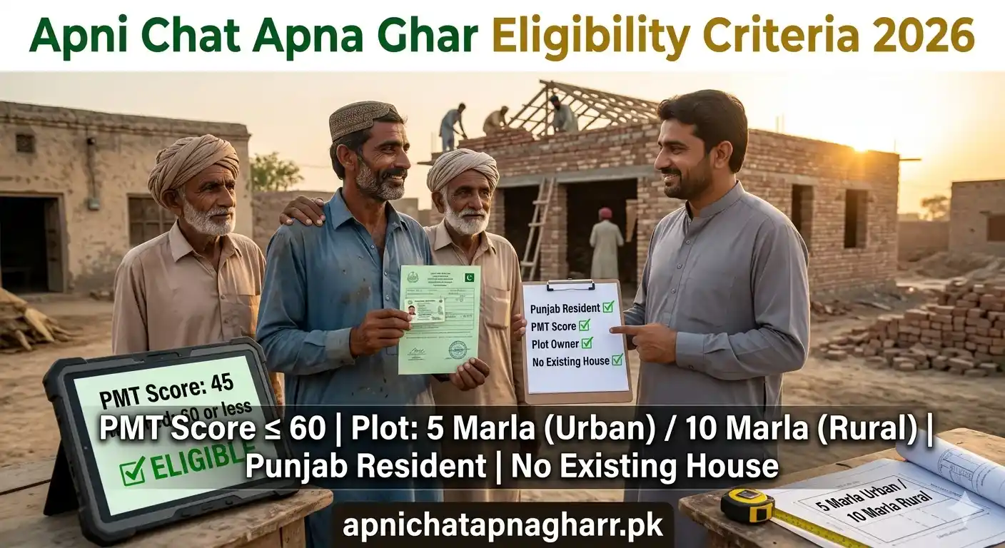 Apni Chat Apna Ghar eligibility criteria 2026 showing PMT score 45, plot size 5 marla urban 10 marla rural, land documents, and Punjab family with eligibility checklist