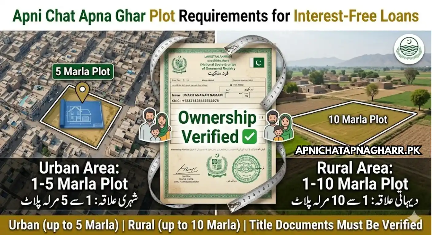 Apni Chat Apna Ghar plot size requirements 1 to 5 marla urban and 1 to 10 marla rural with land documents and measuring tape