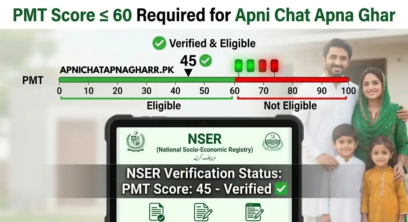 Apni Chat Apna Ghar PMT score requirement 60 or less for eligibility with NSER verification and poverty score chart