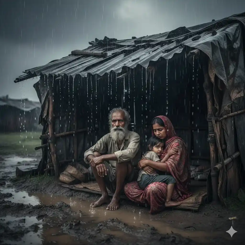 Very poor family sitting inside a broken hut in heavy rain with worried parents and scared child