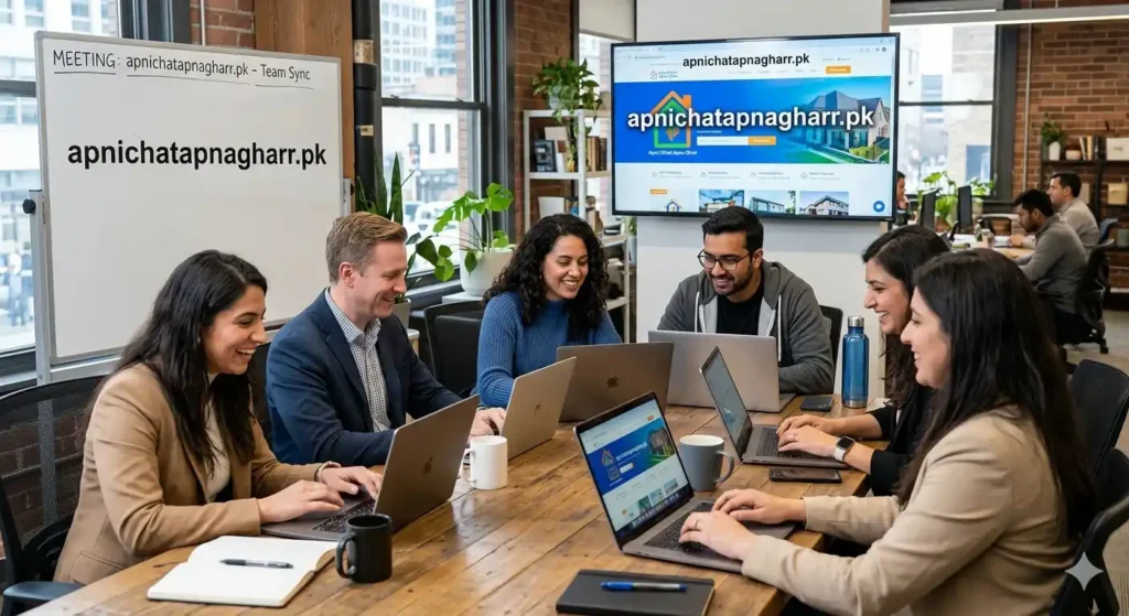 A diverse professional team sitting around a wooden table in a modern office, working on laptops with the website apnichatapnagharr.pk visible on a large screen and whiteboard.  Our Team