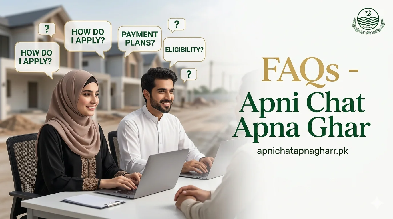 FAQs Apni Chat Apna Ghar scheme Punjab housing program with question mark and helpful icons for eligibility documents registration balloting and installment answers