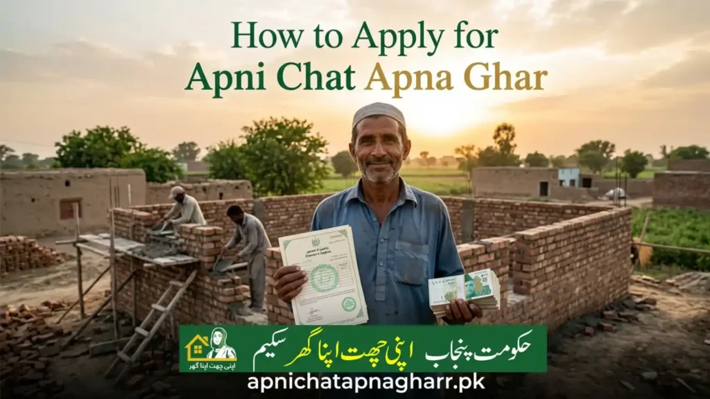 How to apply for Apni Chat Apna Ghar scene with poor laborer holding land documents and 15 lac loan in Punjab village with construction workers and golden sunset