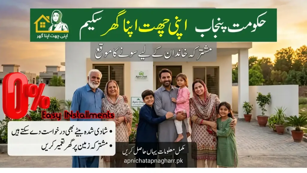  Apni Chhat Apna Ghar Last Date
Happy Pakistani joint family standing in front of new house with CM Maryam Nawaz picture and Urdu text "Apna Ghar Apni Chhat" showing 0 percent interest loan and easy installments for married sons and shared land construction apnichatapnagharr.pk -
