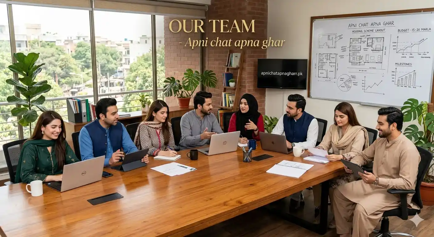 Professional Pakistani team working on laptops in modern office for Apni Chat Apna Ghar housing scheme informational blog apnichatapnagharr.pk