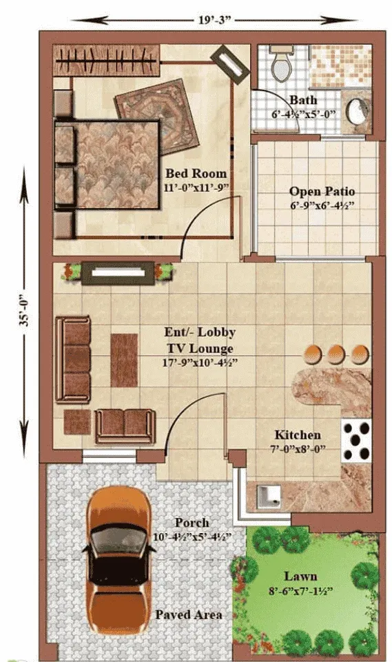 3D floor plan drawing of 1 bedroom 3 marla house with 19 foot 3 inch width showing bedroom 11x11.9 feet TV lounge 17.9x10.4 feet kitchen 7x8 feet bathroom 6.4x5 feet open patio 6.9x6.4 feet porch 10.4x5.4 feet lawn 8.6x7.1 feet and paved area apnichatapnagharr.pk