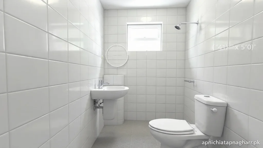 Bathroom interior for 1 bedroom 3 marla house showing white commode sink with mirror shower area small high window for ventilation light grey anti-skid floor tiles and white ceramic walls apnichatapnagharr.pk
1 bedroom 3 marla house design