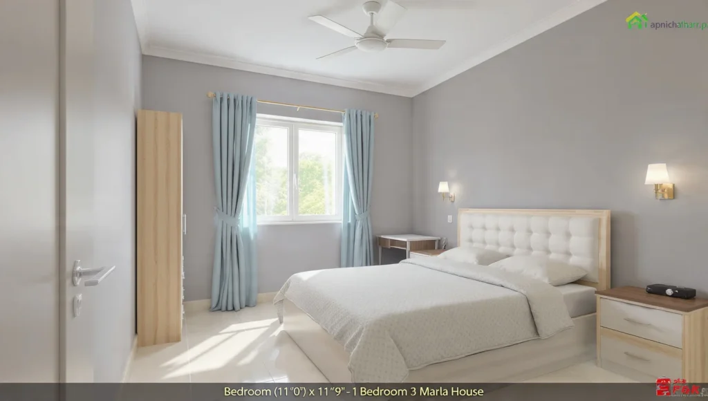 Bedroom interior for 1 bedroom 3 marla house showing double bed with headboard two nightstands sliding wardrobe study table near window light blue walls and beige floor tiles apnichatapnagharr.pk