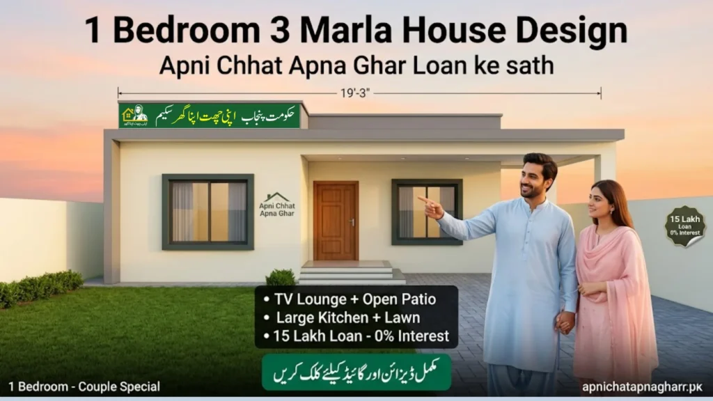 Happy Pakistani couple standing in front of modern 1 bedroom 3 marla house with white cream walls grey roof porch lawn and paved parking area under golden sunset sky for Apni Chhat Apna Ghar loan scheme article apnichatapnagharr.pk