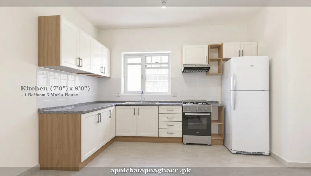 L-shaped kitchen interior for 1 bedroom 3 marla house showing white upper and lower cabinets grey countertop stainless steel sink under small window cooking range with exhaust fan and light beige floor tiles apnichatapnagharr.pk