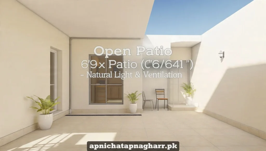 Open patio for 1 bedroom 3 marla house showing open sky natural light coming from above small potted plants in corners drain for rainwater and wall mounted light apnichatapnagharr.pk