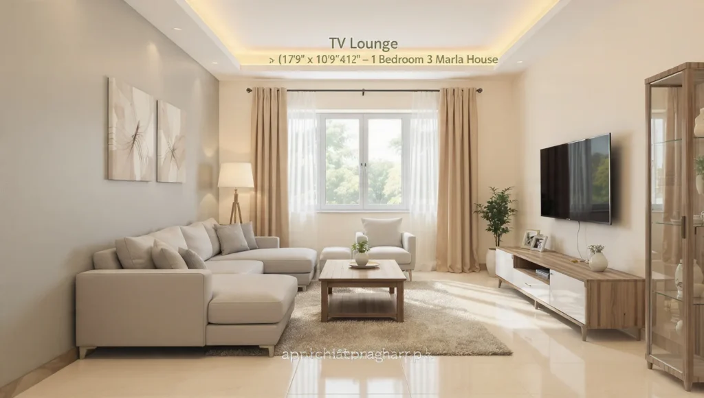 TV lounge interior for 1 bedroom 3 marla house showing L-shaped grey sofa wall mounted TV unit wooden center table showcase extra chairs floor lamp large window with beige curtains and light cream walls apnichatapnagharr.pk