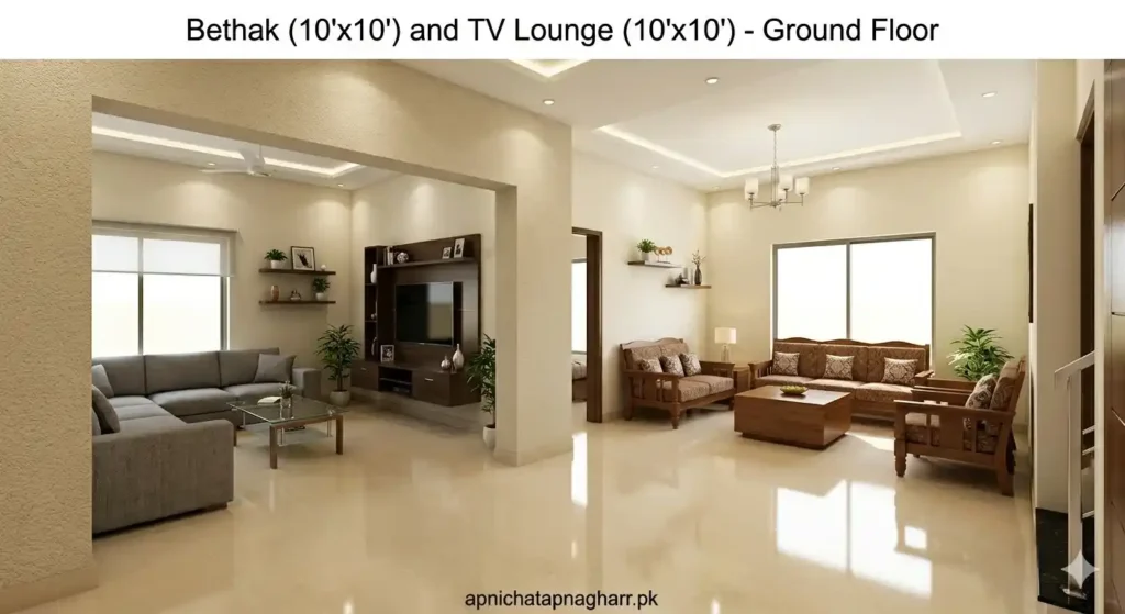 Open concept interior view of bethak 10x10 and TV lounge 10x10 on ground floor showing 3-2-1 sofa set L-shaped grey sofa wall mounted TV unit and center tables apnichatapnagharr.pk