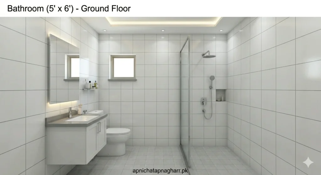 Bathroom 5x6 feet showing white commode sink with mirror shower area small high window for ventilation and light grey anti-skid floor tiles for 3 marla corner plot house apnichatapnagharr.pk