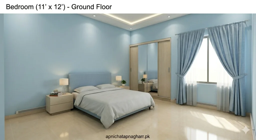 Ground floor bedroom 11x12 feet showing double bed with headboard two nightstands sliding wardrobe window with light blue curtains and light blue walls for 3 marla corner plot house apnichatapnagharr.pk