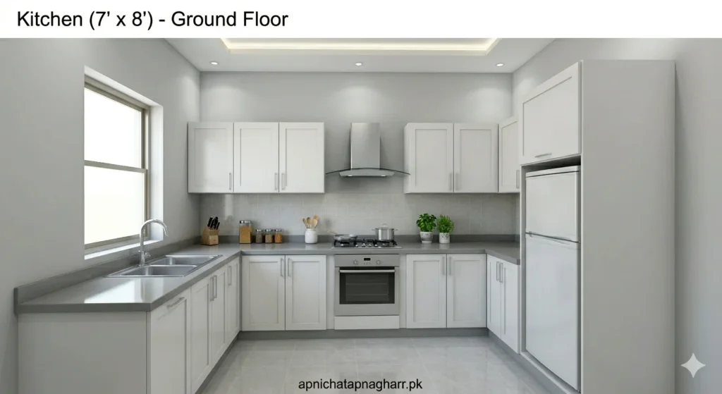 L-shaped kitchen 7x8 feet showing white upper and lower cabinets grey countertop stainless steel sink under small window cooking range with exhaust fan and light grey floor tiles for 3 marla corner plot house apnichatapnagharr.pk