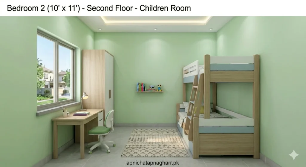 Second floor children bedroom 10x11 feet showing bunk bed for space saving small wardrobe study table near window with light green curtains and light green cheerful walls for 3 marla corner plot house apnichatapnagharr.pk