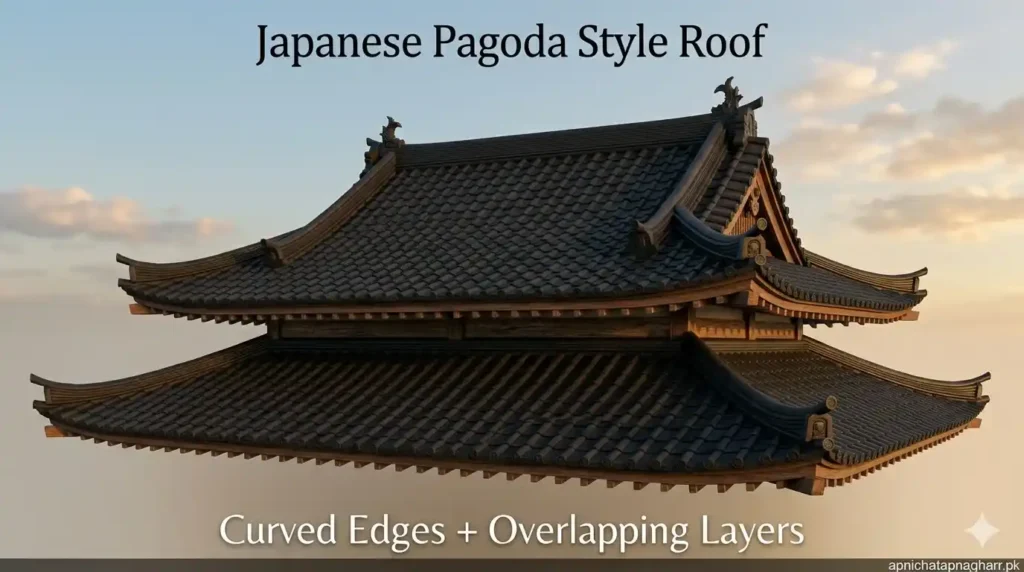 Close up 3D view of Japanese pagoda style roof showing curved upward edges overlapping layers dark grey black roof tiles wooden beam accents and slight slope for water drainage apnichatapnagharr.pk