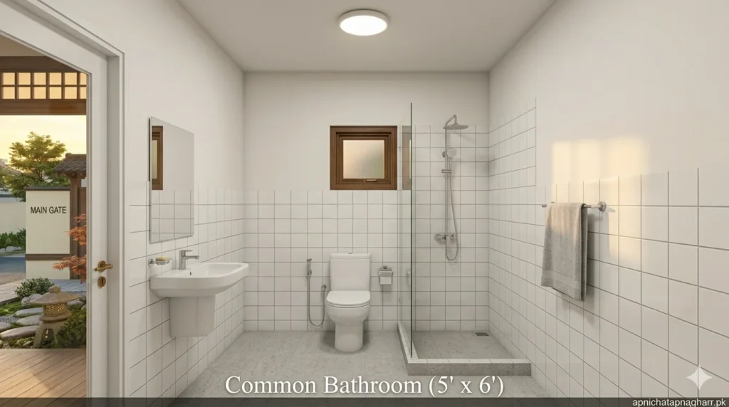Common bathroom 5x6 feet showing white commode sink with mirror shower area small high window for ventilation and light grey anti-skid floor tiles for 3 marla Japanese style roof house apnichatapnagharr.pk