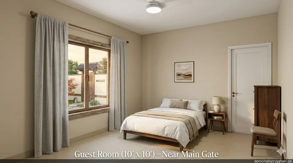 Guest room interior 10x10 feet near main gate showing single bed small wardrobe side table chair window with light grey curtains and light grey walls for 3 marla Japanese style roof house apnichatapnagharr.pk
