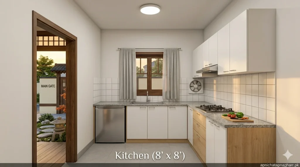 L-shaped kitchen 8x8 feet showing white upper and lower cabinets grey countertop stainless steel sink under window cooking range with exhaust fan small refrigerator in corner and light grey floor tiles for 3 marla Japanese style roof house apnichatapnagharr.pk