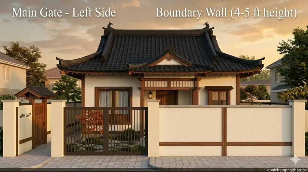 Main gate on left side of front boundary wall for 3 marla Japanese style roof house showing 8 to 10 feet wide dark brown iron gate with vertical bars boundary wall 4 to 5 feet high white cream color with pillars and Japanese roof house visible behind apnichatapnagharr.pk