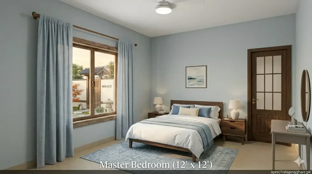 Master bedroom interior 12x12 feet showing double bed with headboard two nightstands wardrobe dressing table with mirror window with light blue curtains and light blue calming walls for 3 marla Japanese style roof house apnichatapnagharr.pk