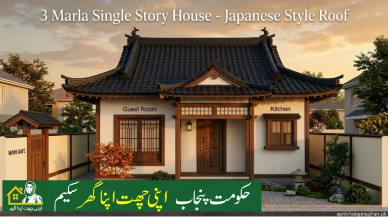 3D front view of 3 marla single story house with Japanese pagoda style roof having curved edges overlapping layers and dark grey tiles white cream walls wooden main door guest room window on left side kitchen window on right side small veranda in center boundary wall with main gate on left side and small lawn under golden sunset sky apnichatapnagharr.pk