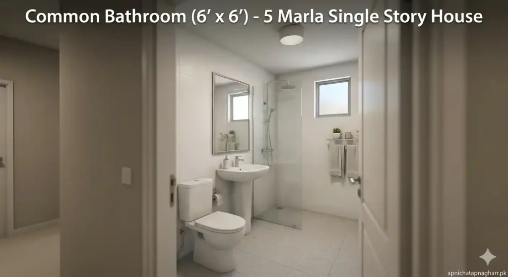 Common bathroom 6x6 feet showing white commode sink with mirror shower area small high window for ventilation and light grey anti-skid floor tiles for 5 marla single story house apnichatapnagharr.pk
