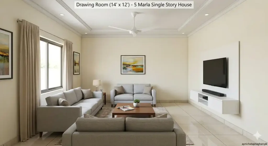Drawing room interior 14x12 feet showing 3-2-1 grey sofa set wooden center table wall mounted white TV unit large window with beige curtains light cream walls and light beige floor tiles for 5 marla single story house apnichatapnagharr.pk