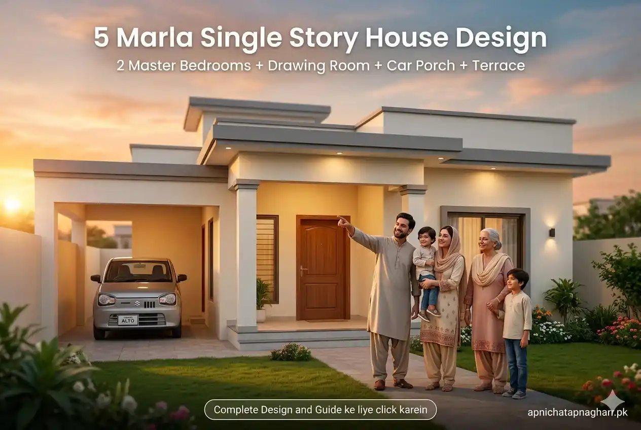 Happy Pakistani family of five standing in front of 5 marla single story house with white cream walls grey flat roof veranda with wooden door and two pillars car porch on left with car and small lawn on right under golden sunset sky for Apni Chhat Apna Ghar loan scheme article apnichatapnagharr.pk