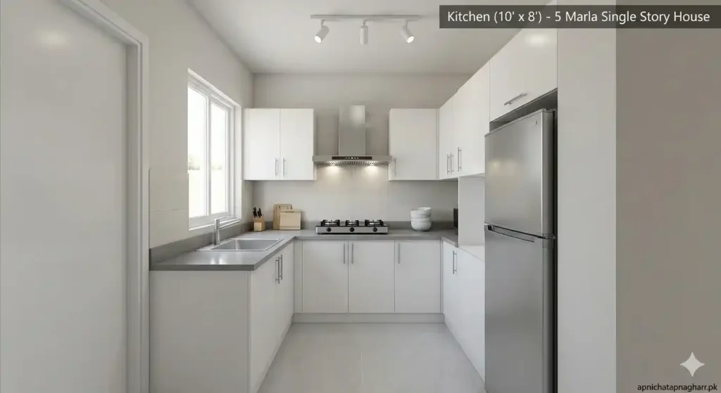 L-shaped kitchen 10x8 feet showing white upper and lower cabinets grey countertop stainless steel sink under window cooking range with exhaust fan refrigerator in corner and light grey floor tiles for 5 marla single story house apnichatapnagharr.pk