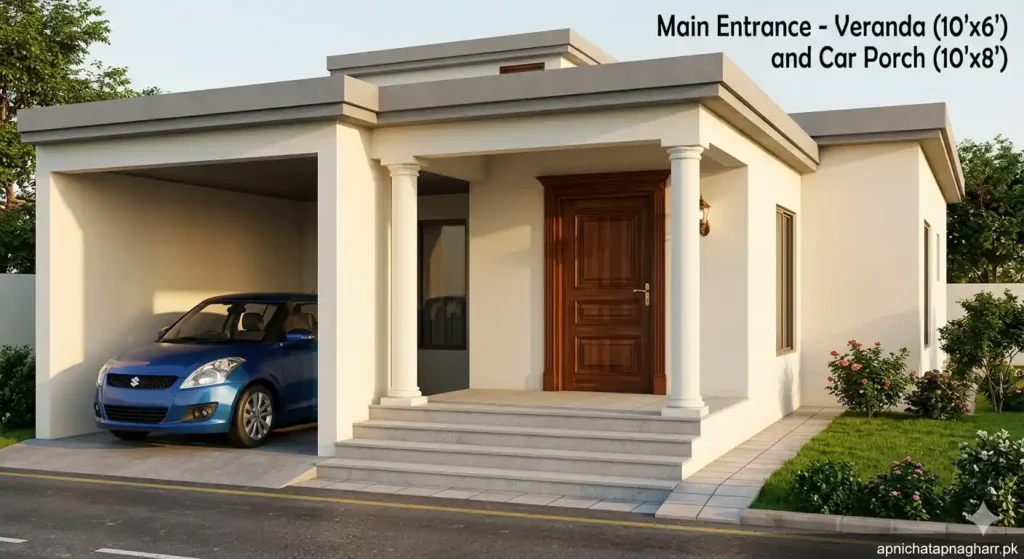 Close up 3D view of main entrance of 5 marla single story house showing veranda 10x6 with wooden brown door and two white pillars car porch 10x8 on left with blue car small lawn on right and steps from road apnichatapnagharr.pk
