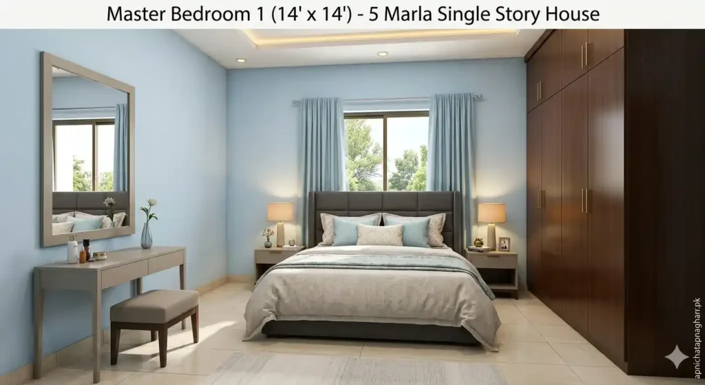 Master bedroom 14x14 feet showing king size double bed with headboard two nightstands large 6x2 wardrobe dressing table with mirror window with light blue curtains and light blue walls for 5 marla single story house apnichatapnagharr.pk