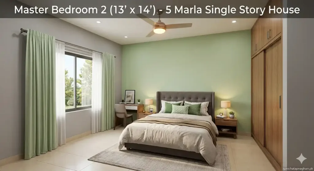 Master bedroom 13x14 feet showing double bed with headboard two nightstands 5x2 wardrobe window with light green curtains and light green walls for 5 marla single story house apnichatapnagharr.pk