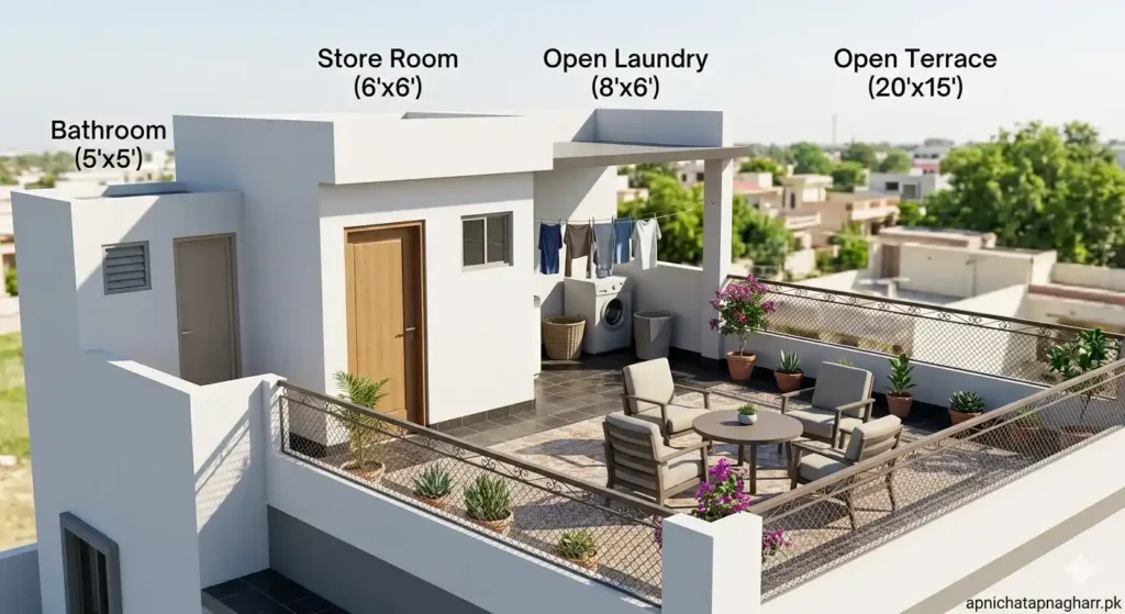 3D view of terrace showing store room 6x6 with door open laundry 8x6 with washing machine and clothes drying line bathroom 5x5 and open terrace 20x15 with chairs table plants and railing for 5 marla single story house apnichatapnagharr.pk