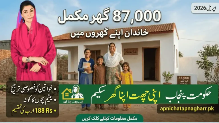 87000 houses complete in Apni Chhat Apna Ghar scheme April 2026 with women and orphans special priority and 188 billion rupees disbursed showing happy Pakistani family apnichatapnagharr.pk