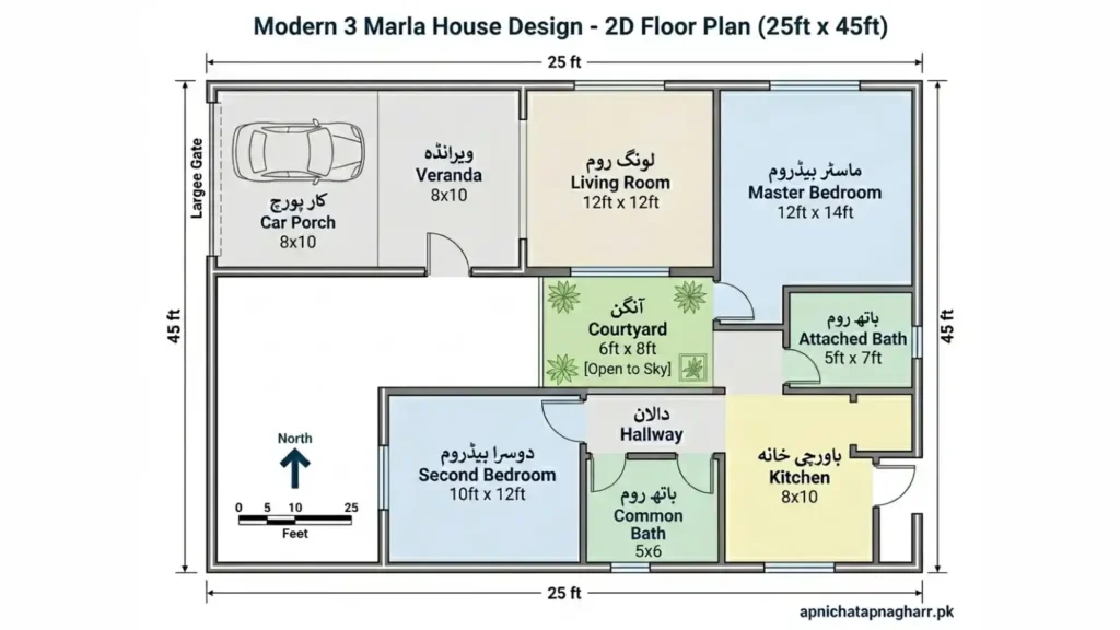 2D floor plan drawing of modern 3 marla house showing master bedroom 12x14 second bedroom 10x12 living room 12x12 kitchen 8x10 veranda 8x10 car porch 8x10 courtyard 6x8 attached bathroom 5x7 and common bathroom 5x6 apnichatapnagharr.pk

modern 3 marla house design with loan