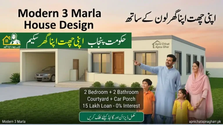 Happy Pakistani family standing in front of modern 3 marla house with white cream walls grey roof car porch veranda and large windows under golden sunset sky for Apni Chhat Apna Ghar loan scheme article apnichatapnagharr.pk