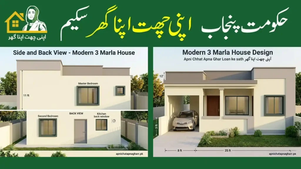 3D front and back elevation of modern 3 marla house showing white cream exterior grey flat roof wooden main door large front windows car porch veranda master bedroom and back side windows for second bedroom and kitchen apnichatapnagharr.pk