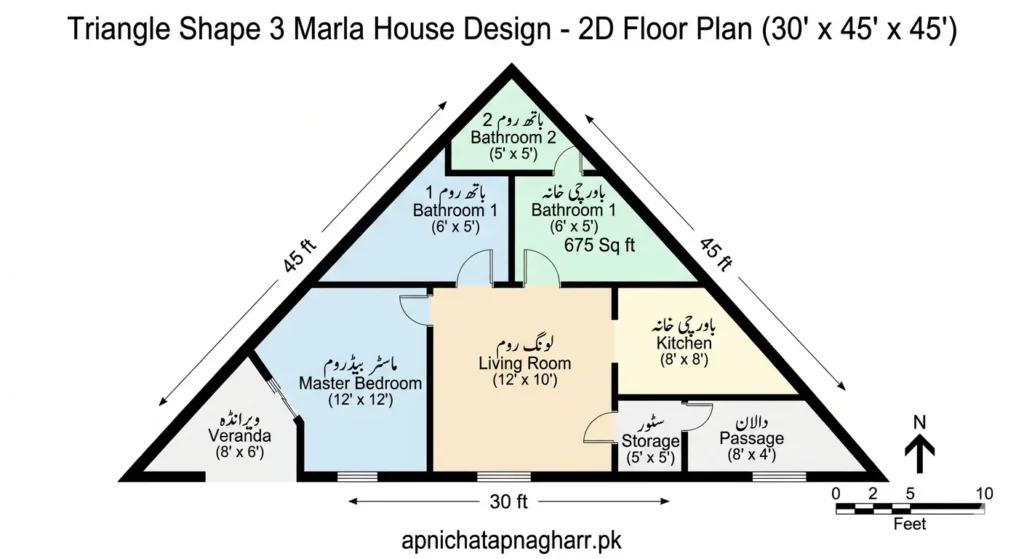 2D floor plan of triangle shape 3 marla house with dimensions master bedroom 12x12 feet second bedroom 10x12 feet living room 12x10 feet kitchen 8x8 feet bathroom one 6x5 feet bathroom two 5x5 feet veranda 8x6 feet storage 5x5 feet passage 8x4 feet on triangle plot 30 feet front 45 feet right 45 feet left diagonal apnichatapnagharr.pk
triangle shape 3 marla house design