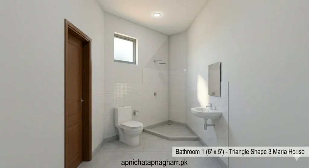 Bathroom interior 6 feet by 5 feet showing white commode sink with mirror shower area small high window for ventilation and light grey anti-skid floor tiles for triangle shape 3 marla house apnichatapnagharr.pk