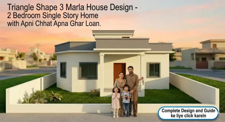 Happy Pakistani family of four father mother son and daughter standing in front of triangle shape 3 marla house with white cream walls grey flat roof veranda with two pillars and wooden door under golden sunset sky for Apni Chhat Apna Ghar loan scheme article apnichatapnagharr.pk