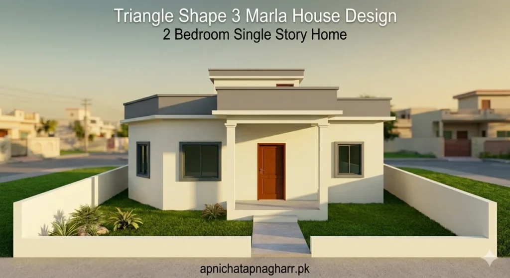 3D front elevation of triangle shape 3 marla house with white cream walls grey flat roof wooden main door two pillars on veranda large living room window master bedroom window second bedroom window and small front lawn under golden sunset sky apnichatapnagharr.pk