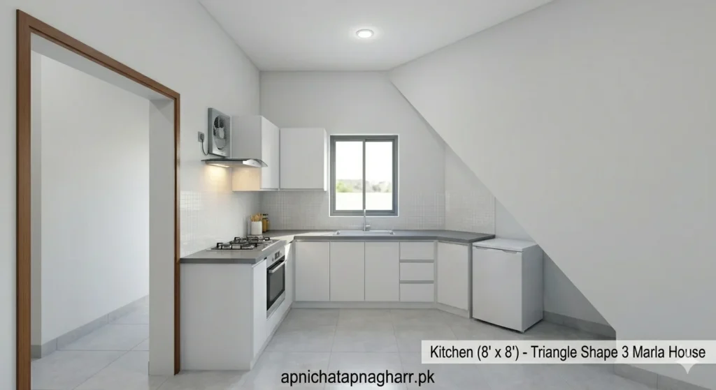 L-shaped kitchen interior 8 feet by 8 feet showing white upper and lower cabinets grey countertop stainless steel sink under small window cooking range with exhaust fan and small refrigerator for triangle shape 3 marla house apnichatapnagharr.pk