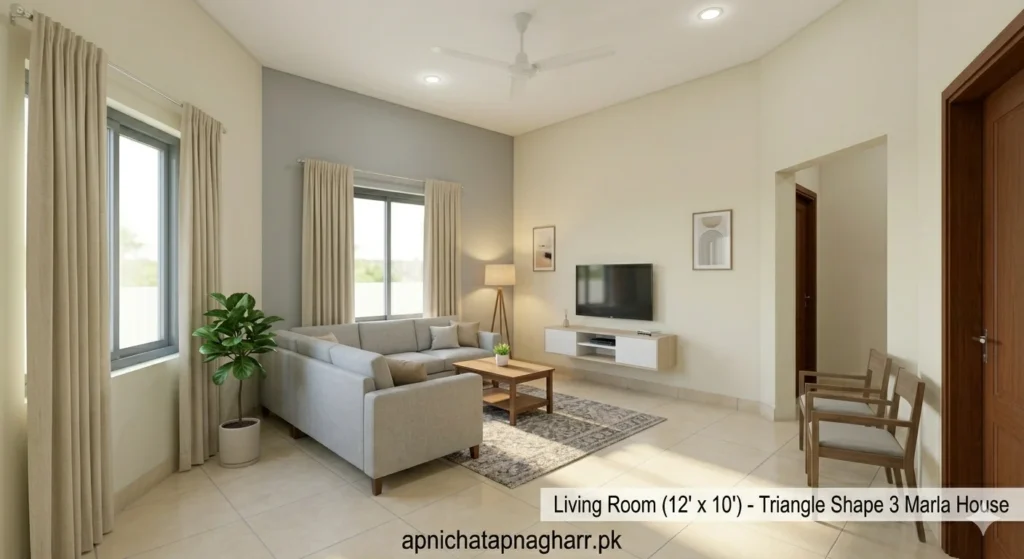 Living room interior 12 feet by 10 feet showing L-shaped grey sofa wall mounted TV unit wooden center table two extra chairs floor lamp and large window with beige curtains for triangle shape 3 marla house apnichatapnagharr.pk
