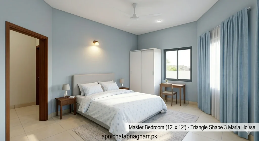 Master bedroom interior 12 feet by 12 feet showing double bed with headboard two nightstands on each side sliding wardrobe study table near window with light blue curtains and light blue walls for triangle shape 3 marla house apnichatapnagharr.pk
