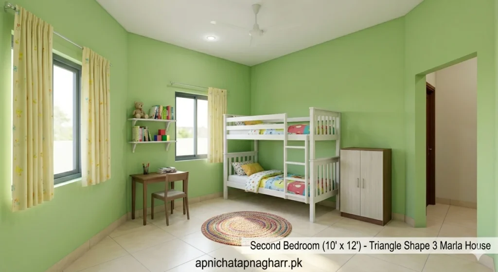 Second bedroom interior 10 feet by 12 feet showing bunk bed for children small wardrobe study table near window with light green curtains and light green cheerful walls for triangle shape 3 marla house apnichatapnagharr.pk